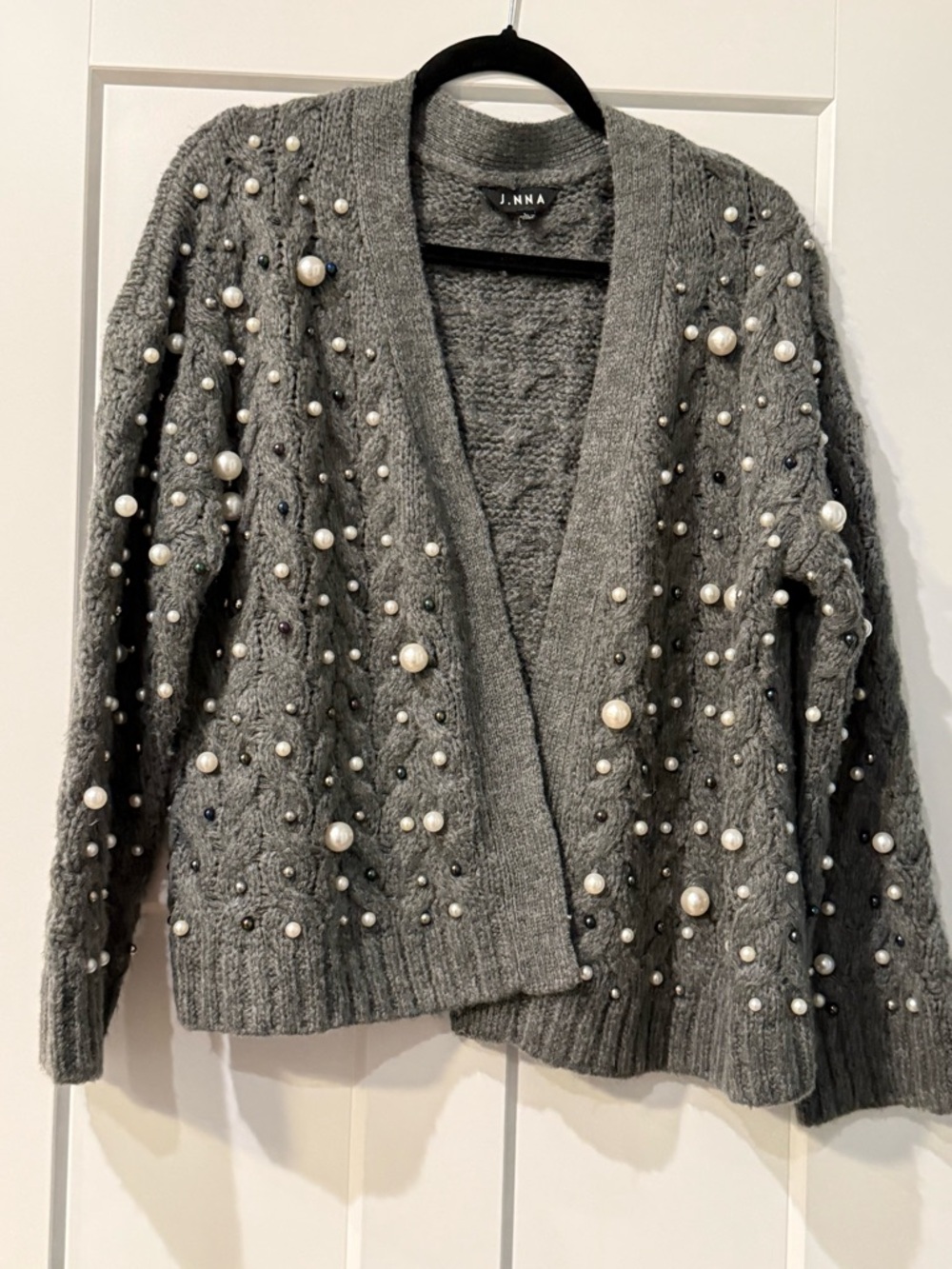 Gray Pearl-Embellished Open Front Cardigan
